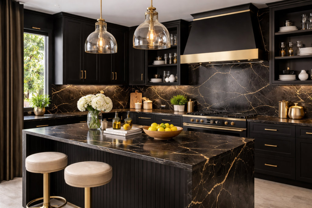 luxury black and gold kitchen with marble island, gold accents, and modern cabinetry