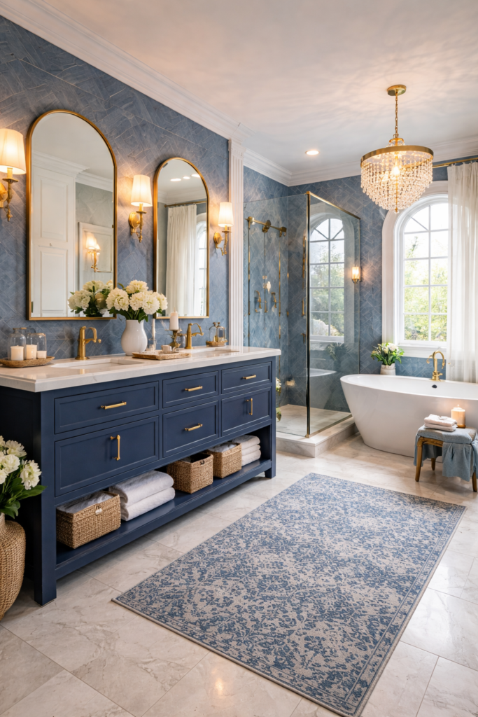 Stylish blue bathroom with layered lighting, double vanity, gold fixtures, glass shower, and freestanding bathtub