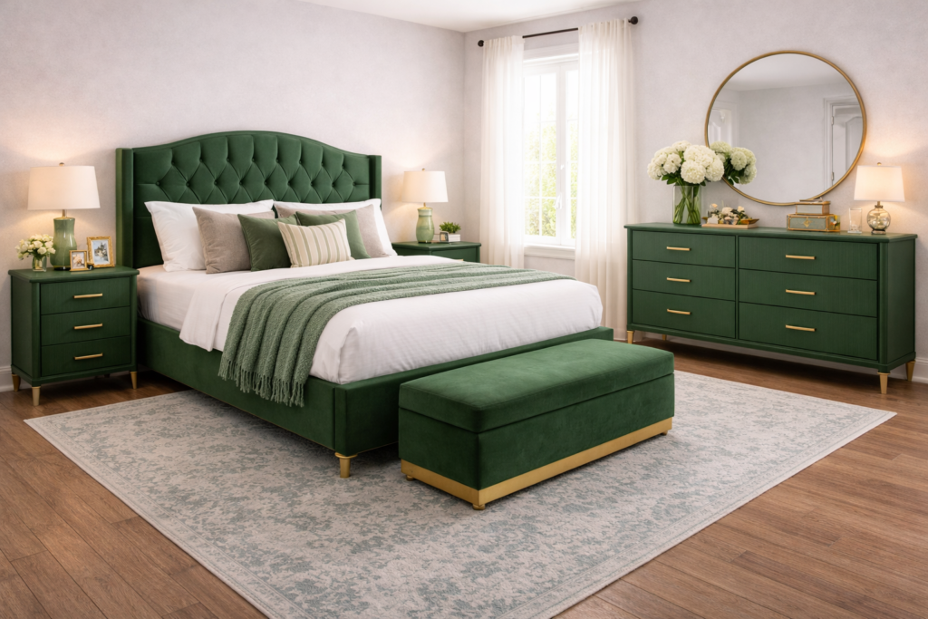 Bedroom sets with green theme featuring upholstered bed, stylish dresser, nightstands, and bench in a modern layout