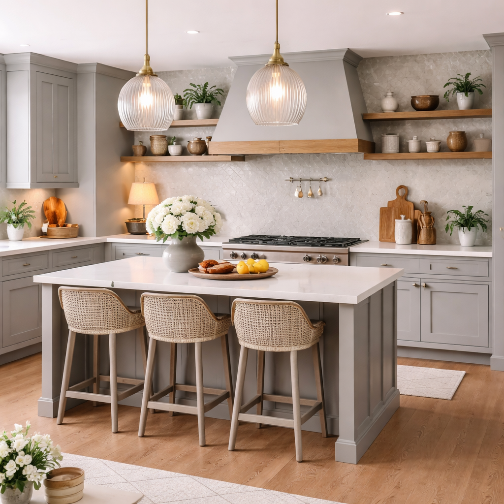 Modern kitchen with grey cabinets, white island countertop, pendant lighting, and open shelves with decor.