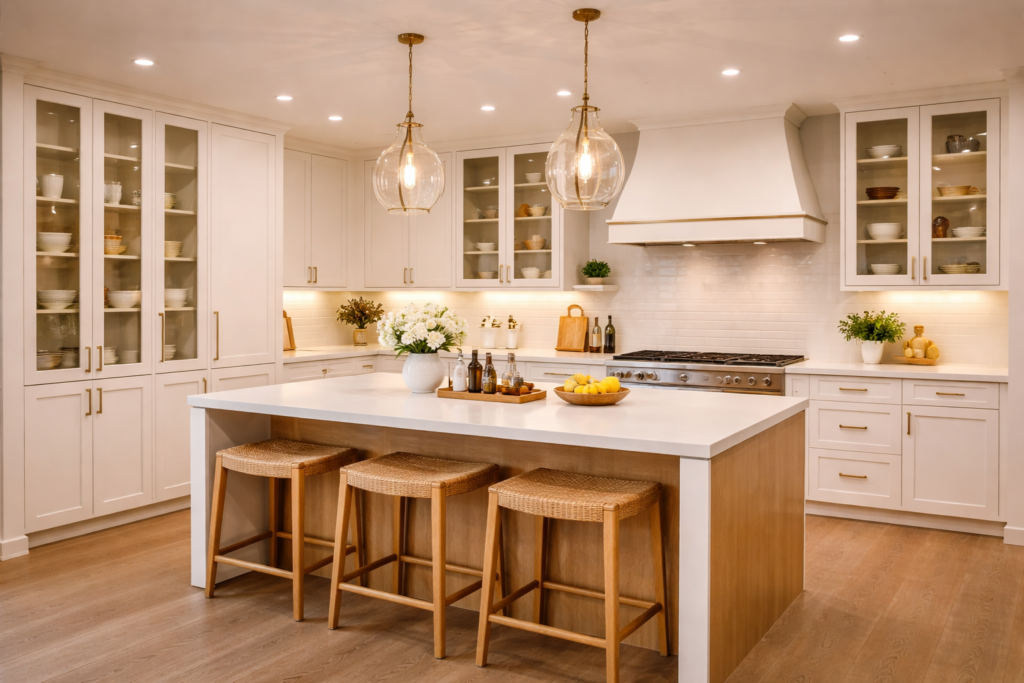 modern kitchen with layered lighting, pendant lights, recessed lights, and under cabinet lighting