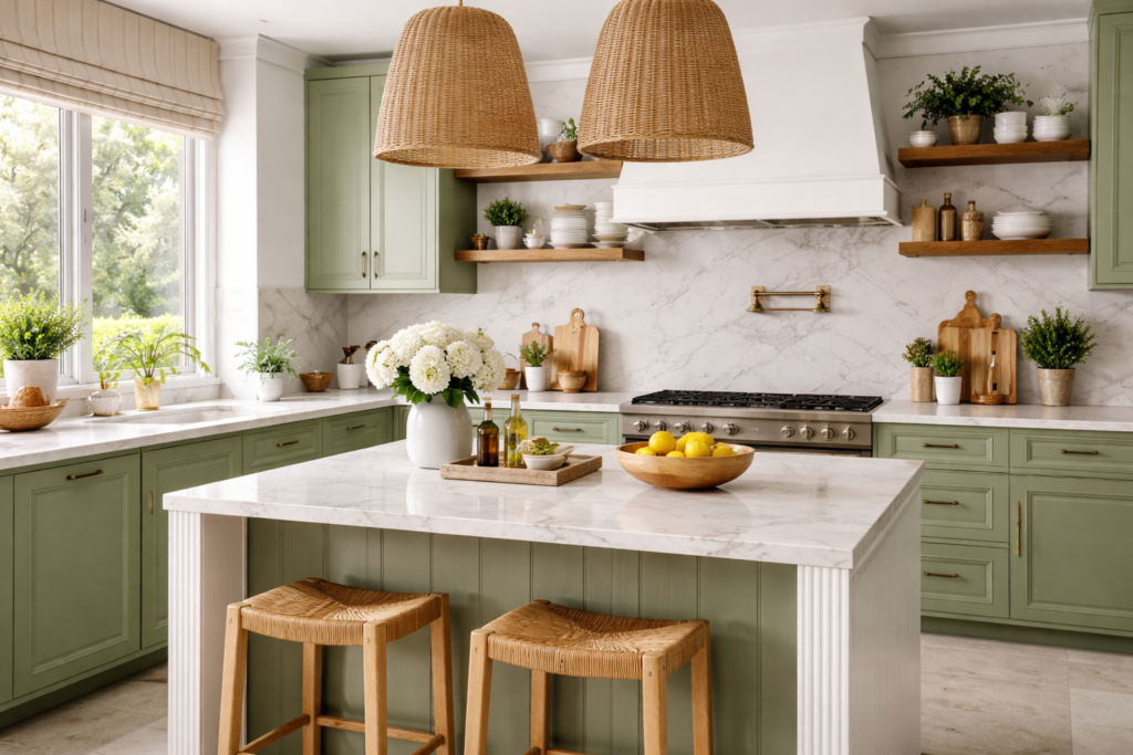 green and white kitchen with marble island, sage cabinets, and natural wood accents