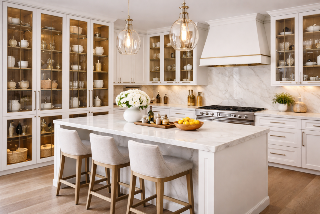 modern kitchen with glass front cabinets, white marble island, and elegant lighting