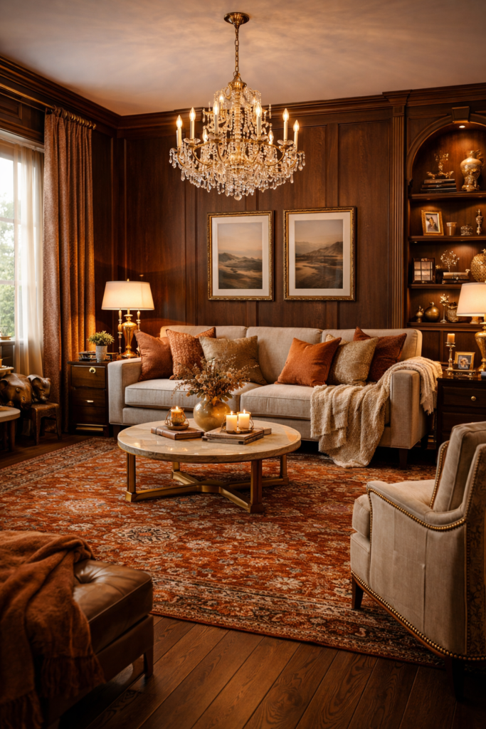 warm living room ideas with luxury walnut paneling, chandelier lighting, rust patterned rug and elegant neutral sofa
