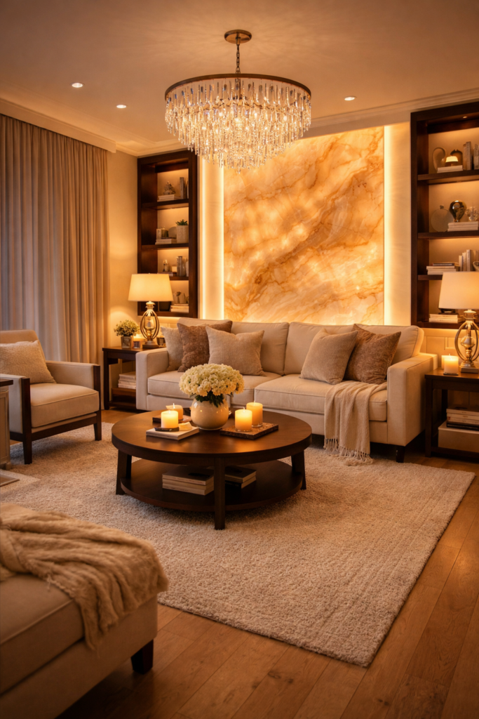 warm living room ideas with high end design, layered lighting, LED feature wall and luxury furniture