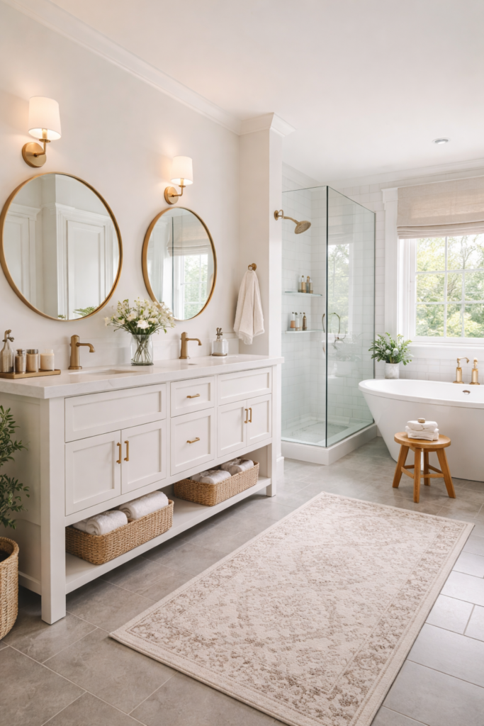 Modern American bathroom with double vanity, round mirrors, glass shower, and freestanding bathtub in neutral tones