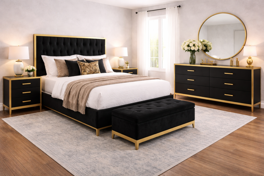 Stylish bedroom sets with black and gold furniture, tufted bed, nightstands, and dresser against grey walls