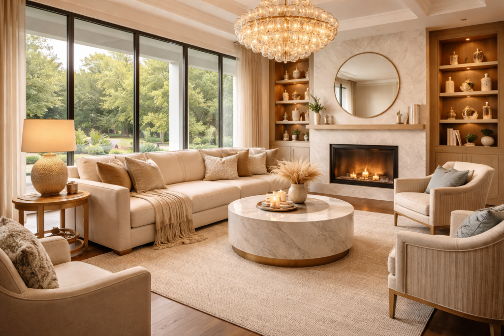 Warm living room ideas with luxury design, glass walls, neutral tones, and elegant fireplace setup