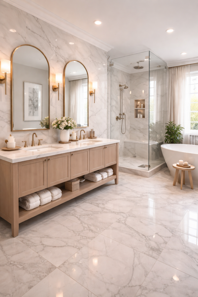 Designer bathroom with large format marble tiles, double vanity, glass shower, and freestanding bathtub