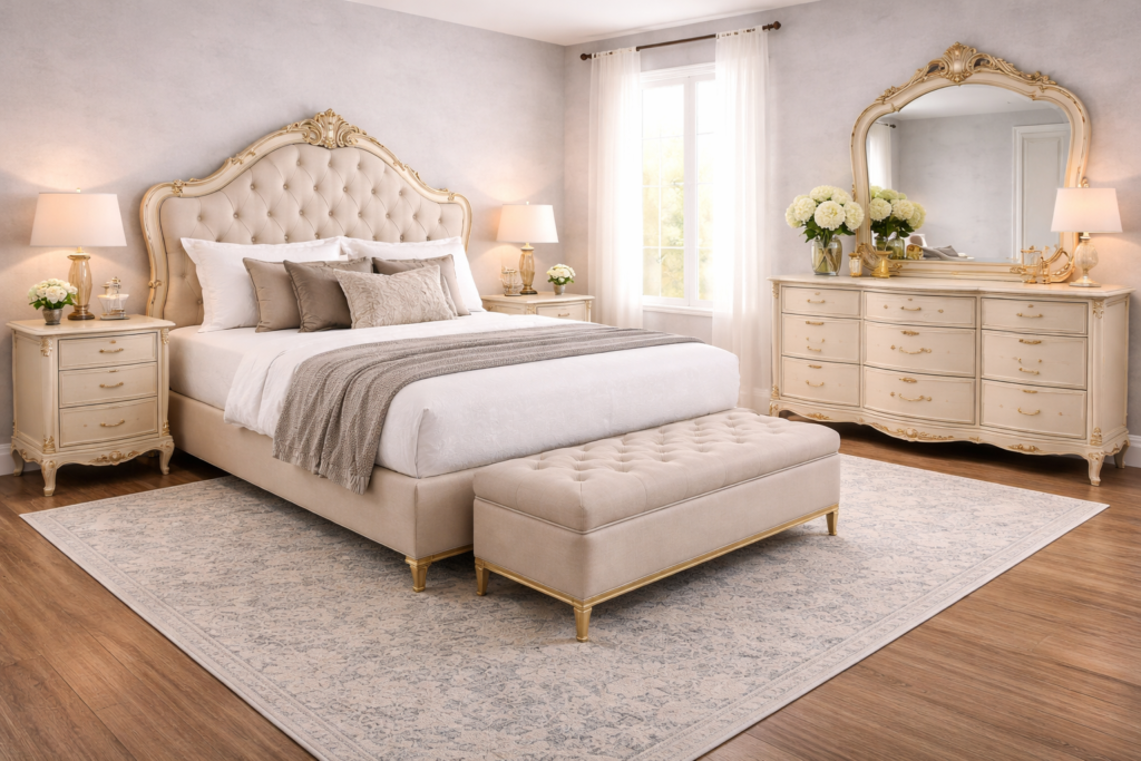 Luxury bedroom sets with upholstered bed, gold accents, nightstands, dresser, and bench in an elegant design