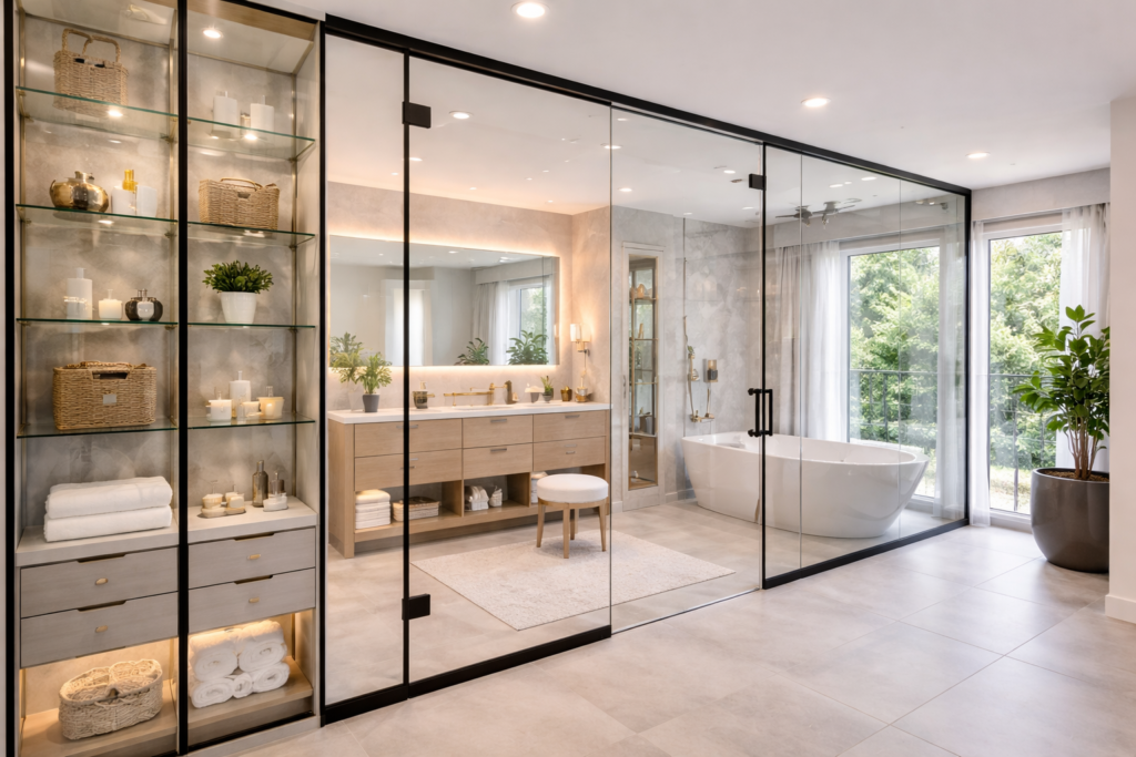 Modern bathroom with glass walls, glass storage shelves, sleek vanity, and transparent shower design