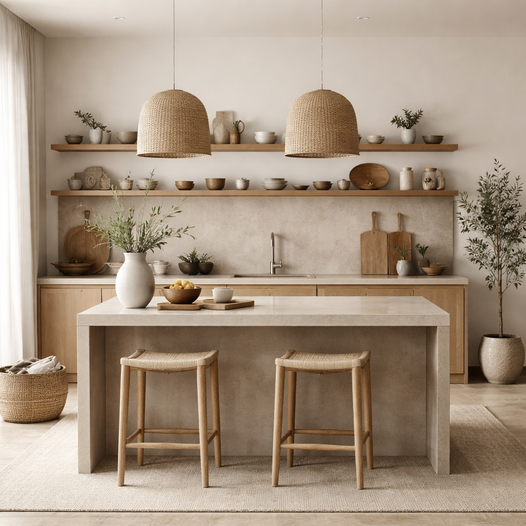 Japandi style kitchen with light wood cabinets, open shelves, neutral tones, and woven pendant lights above a minimalist island.