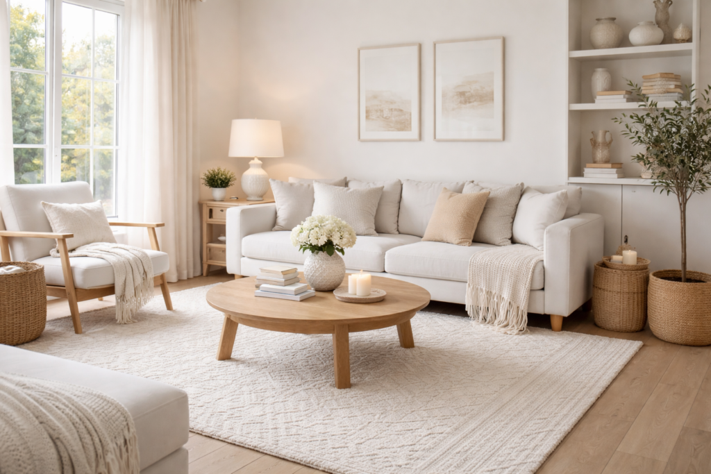 warm living room ideas with white interior, cozy sofa, soft textures and natural wood accents