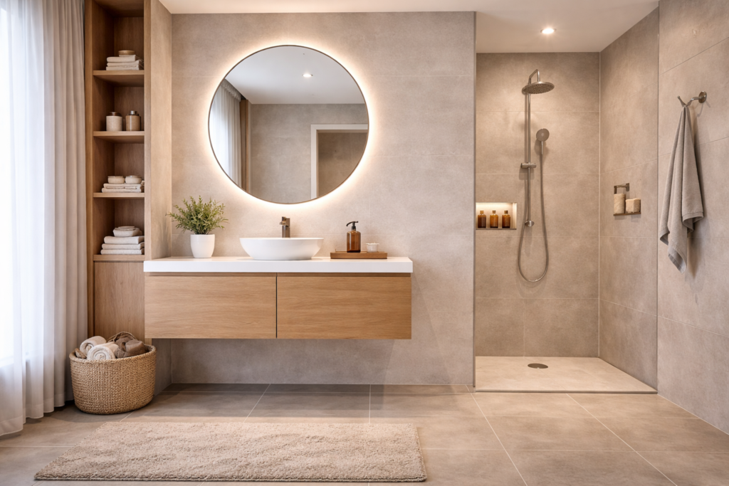 Modern bathroom with matte black fixtures, single tray, soap dispenser, and minimalist vanity design