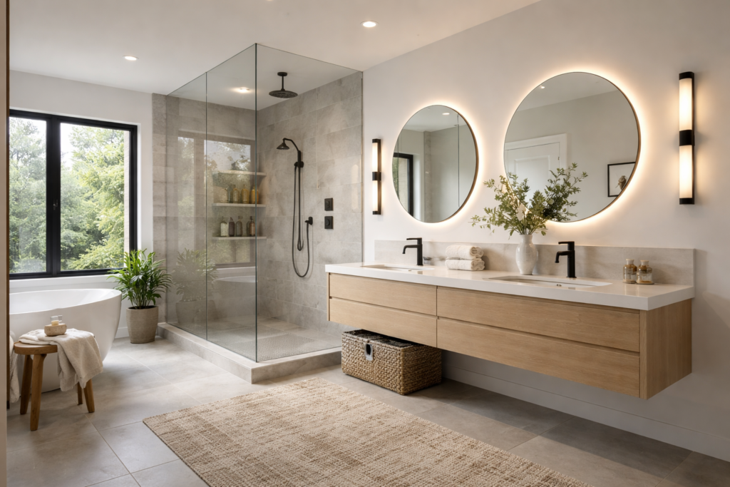 modern bathroom ideas with walk in shower floating vanity and double mirror in USA home
