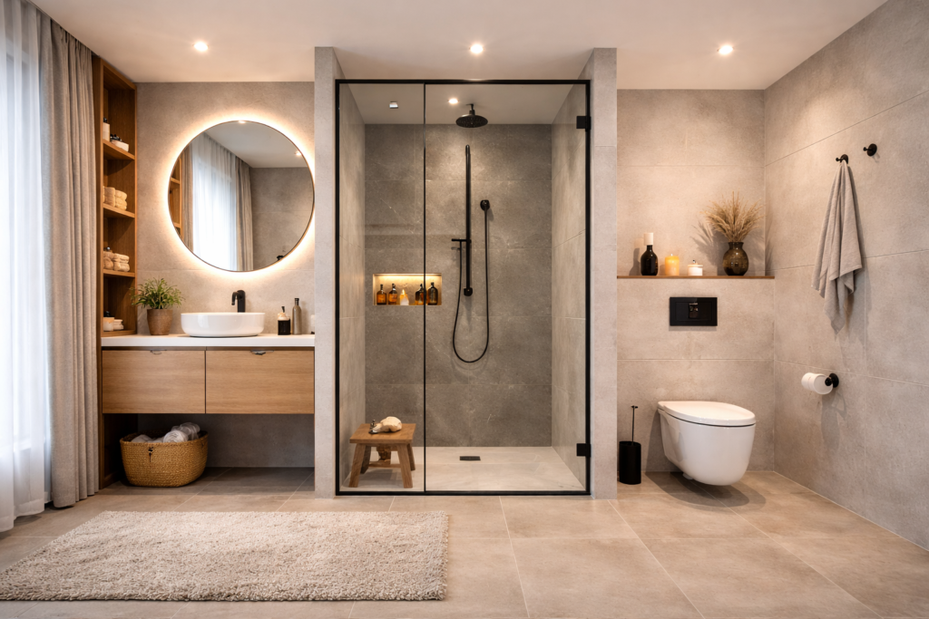 Modern bathroom with separate sink, shower, and toilet areas, clean layout, and contemporary design