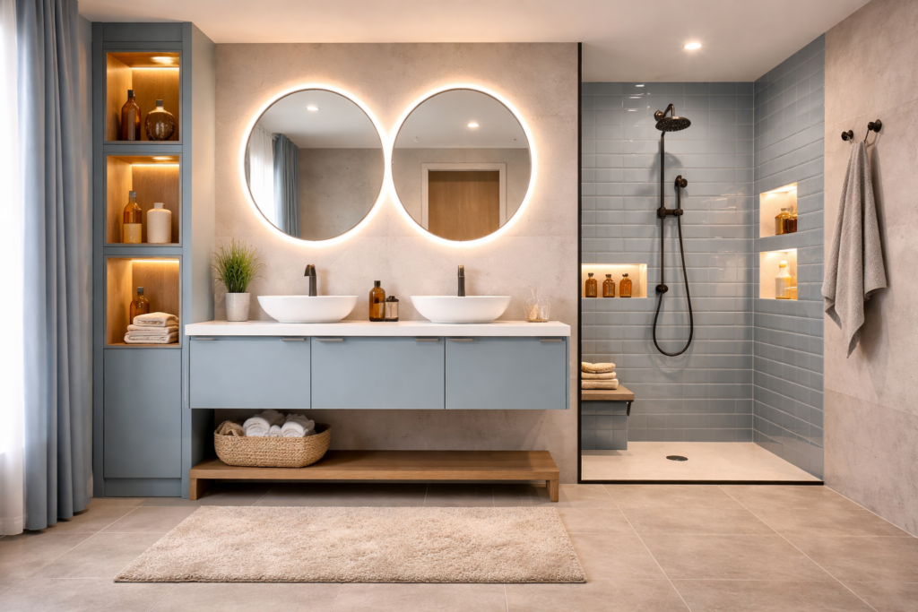 Modern blue bathroom with built in niches, floating vanity, and glass shower design
