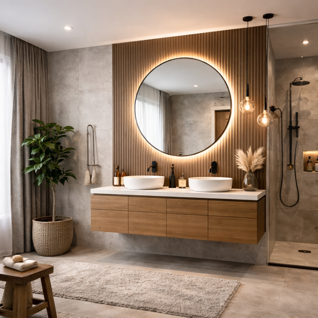 Modern bathroom with wall mounted vanity, sleek sink, floating cabinet, and minimalist design