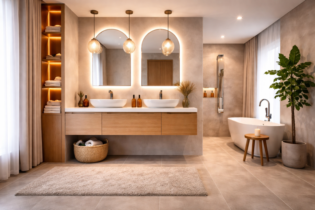 Modern bathroom with LED lighting, backlit mirror, floating vanity, and contemporary design