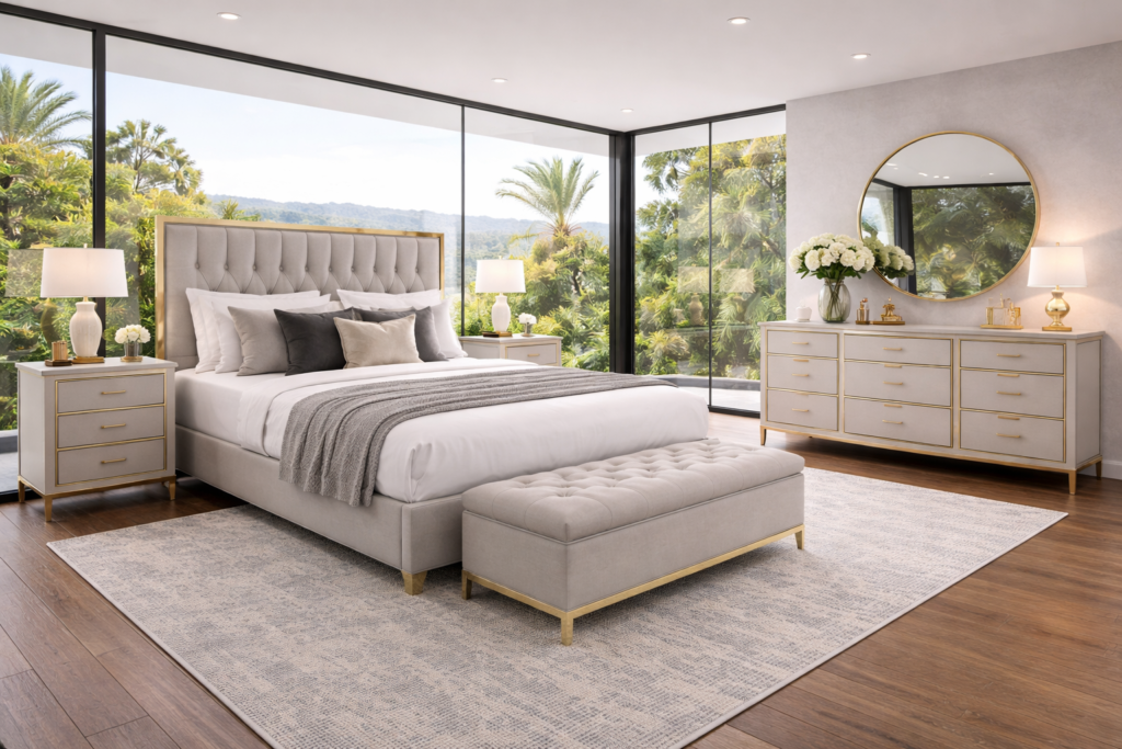 Modern bedroom sets with glass walls, featuring bed, nightstands, and dresser in a bright open layout