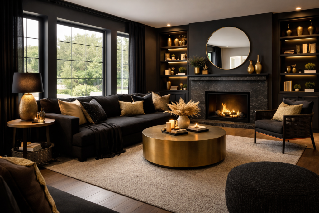 Warm living room ideas with black and gold theme, modern sofa, fireplace, and soft ambient lighting