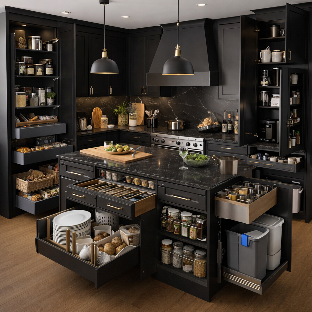 Black modern kitchen with smart storage solutions, sleek cabinets, pull-out drawers, and hidden compartments.