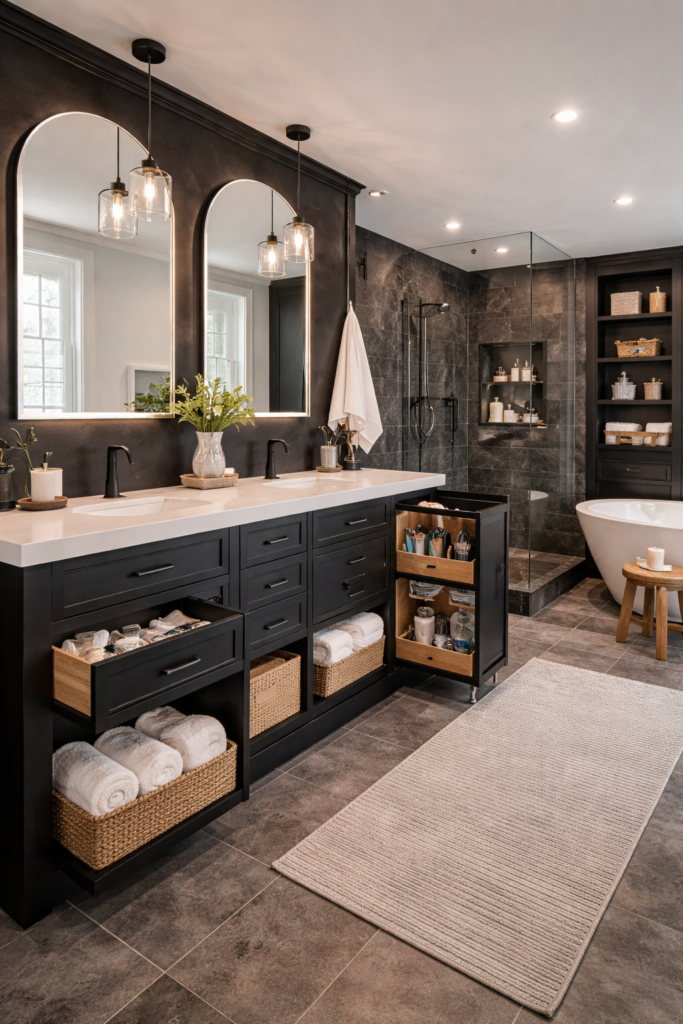 Black theme bathroom with smart storage, floating vanity drawers, glass shower, and modern lighting