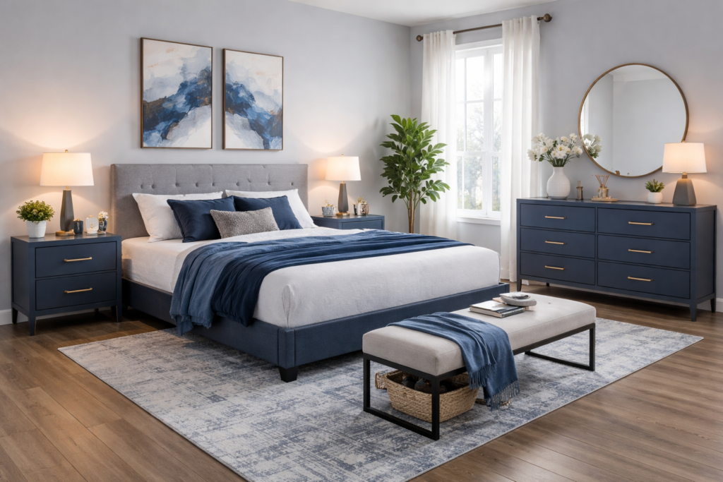 Modern bedroom sets with blue theme, featuring upholstered bed, matching nightstands, and dresser in a contemporary layout