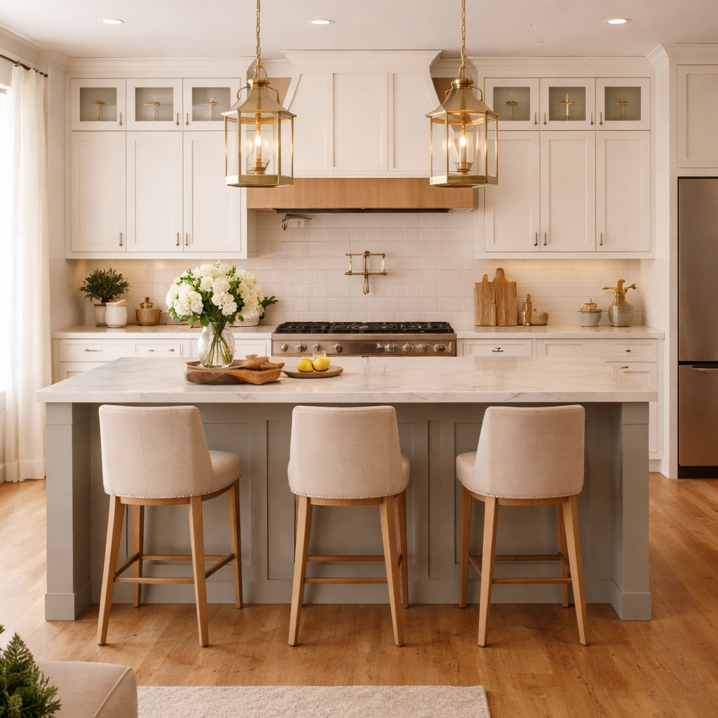 Transitional kitchen with white shaker cabinets, marble island, brass pendant lights, and neutral bar stools.