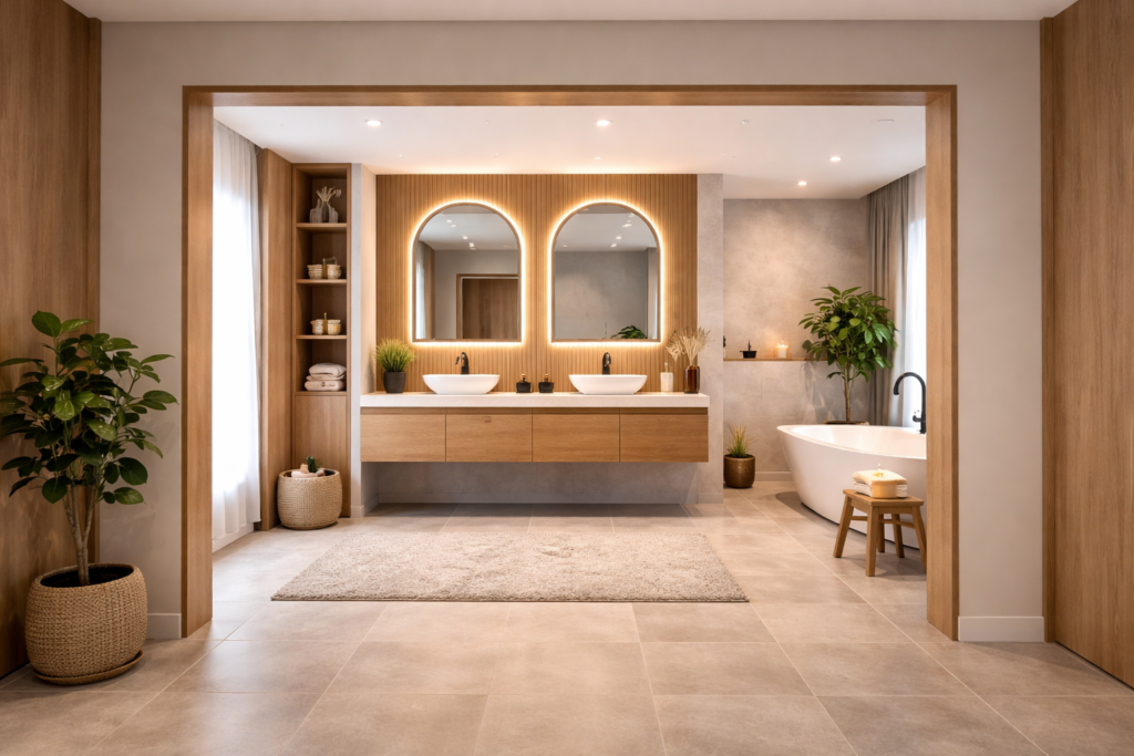 Modern bathroom with doorless entry, sliding glass shower, and open layout design