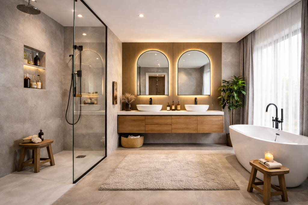 Modern bathroom with fixed flow shower, glass enclosure, floating vanity, and clean design