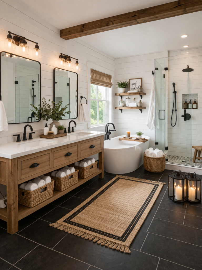 Modern farmhouse bathroom with wood vanity, white shiplap walls, black fixtures, and freestanding bathtub
