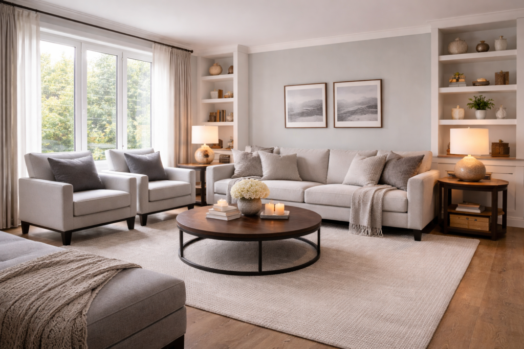 warm living room ideas with grey tone layout, modern sofa arrangement, soft textures and layered lighting