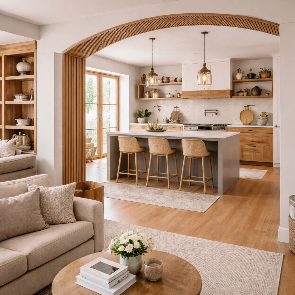 Broken plan kitchen with partial walls, island divider, and separate zones for cooking and living areas.