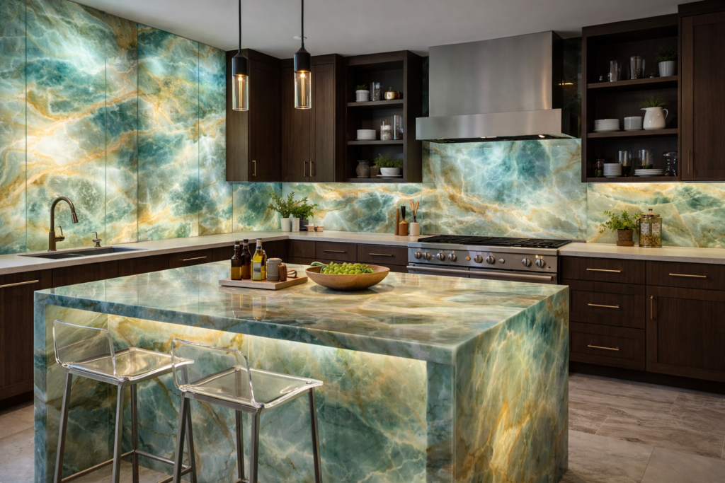 modern kitchen with glass slab cabinets, sleek countertops, and reflective surfaces