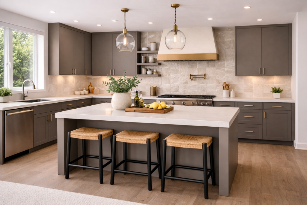 modern kitchen with matte cabinets, textured backsplash, and mixed metal finishes