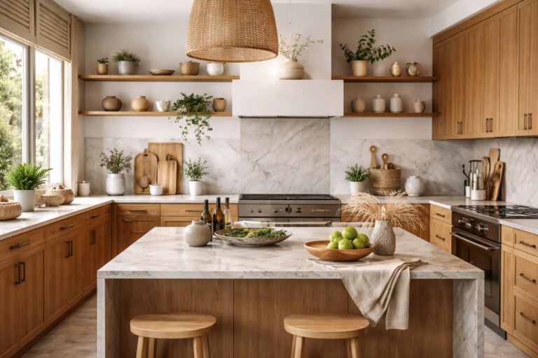 warm modern kitchen with wooden cabinets, marble island, and natural decor elements
