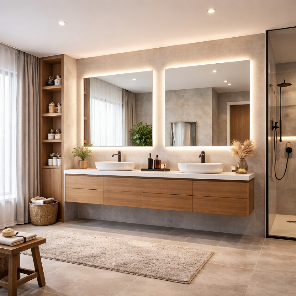 Modern bathroom with large backlit mirrors, double vanity, floating cabinet, and neutral tones