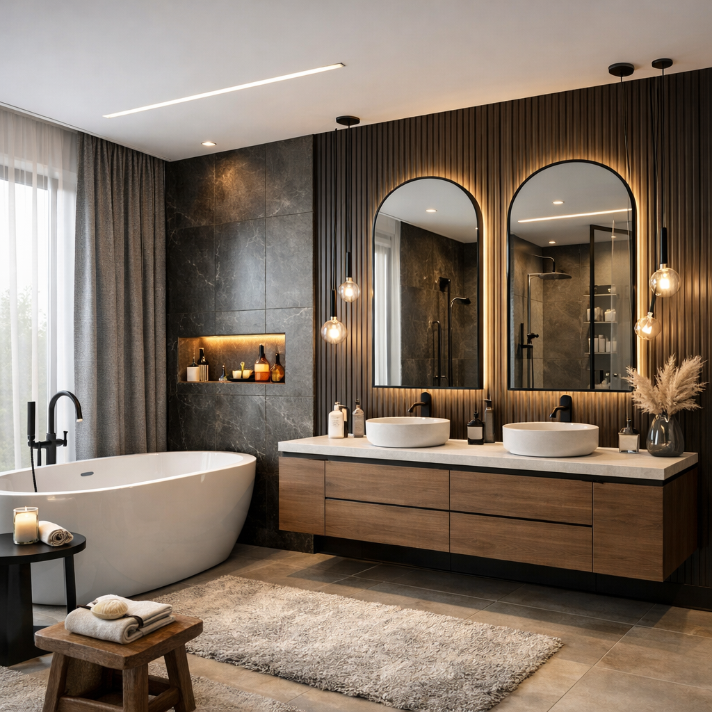 Modern bathroom with freestanding bathtub, double vanity, round mirrors, warm lighting, and wooden accents