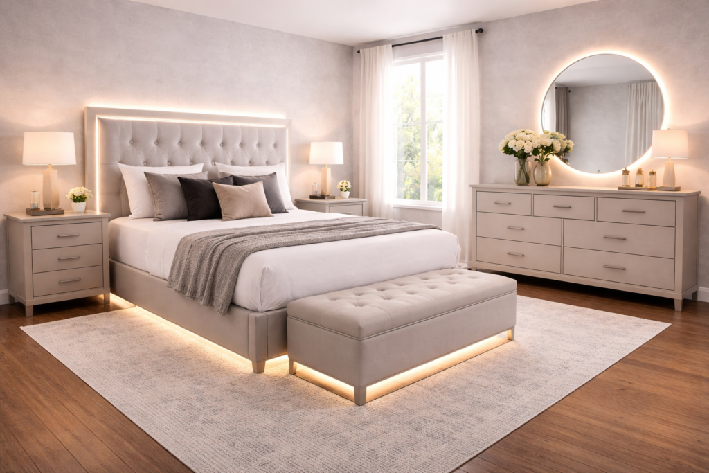 Bedroom sets with LED lighting in bed featuring upholstered frame, nightstands, dresser, and modern ambient lightingBedroom sets with LED lighting in bed featuring upholstered frame, nightstands, dresser, and modern ambient lighting