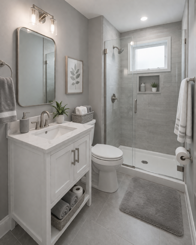 Small bathroom with grey and white theme, compact vanity, glass shower, and modern fixtures