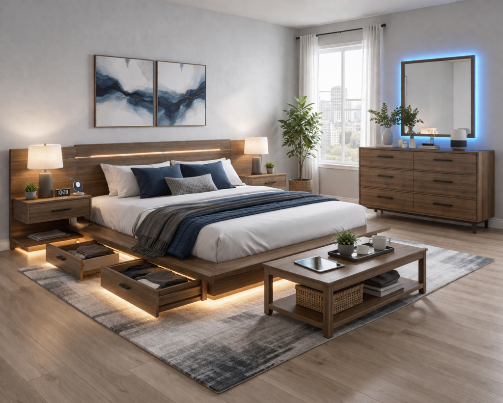 Modern platform bedroom sets with low profile bed, matching nightstands, and dresser in a minimalist design