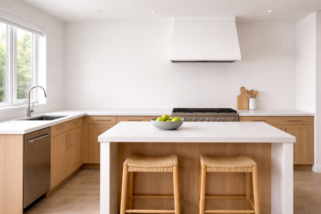 minimalist kitchen with white island, light wood cabinets, and very few accessories