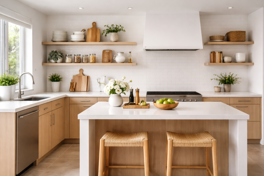 minimalist kitchen with open shelving, light wood cabinets, and clean white island