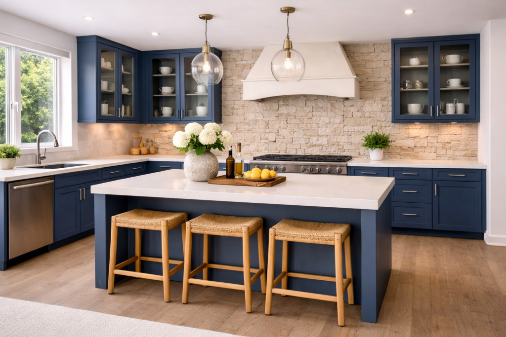 blue themed kitchen with stone wall, glass cabinets, and modern island design