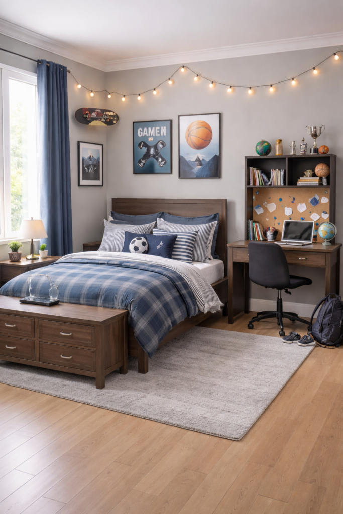 boys bedroom set with wooden bed, blue bedding, study desk, and sports-themed decor