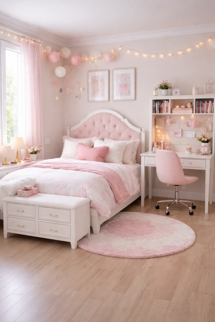 bedroom set with pink upholstered bed, white furniture, study desk, and soft pastel decor