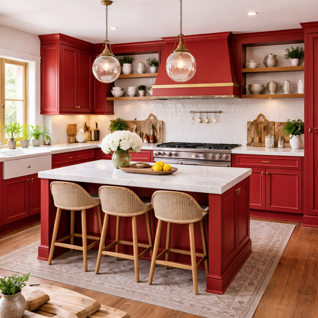 Modern kitchen with bold red cabinets, white island countertop, pendant lighting, and wooden bar stools.