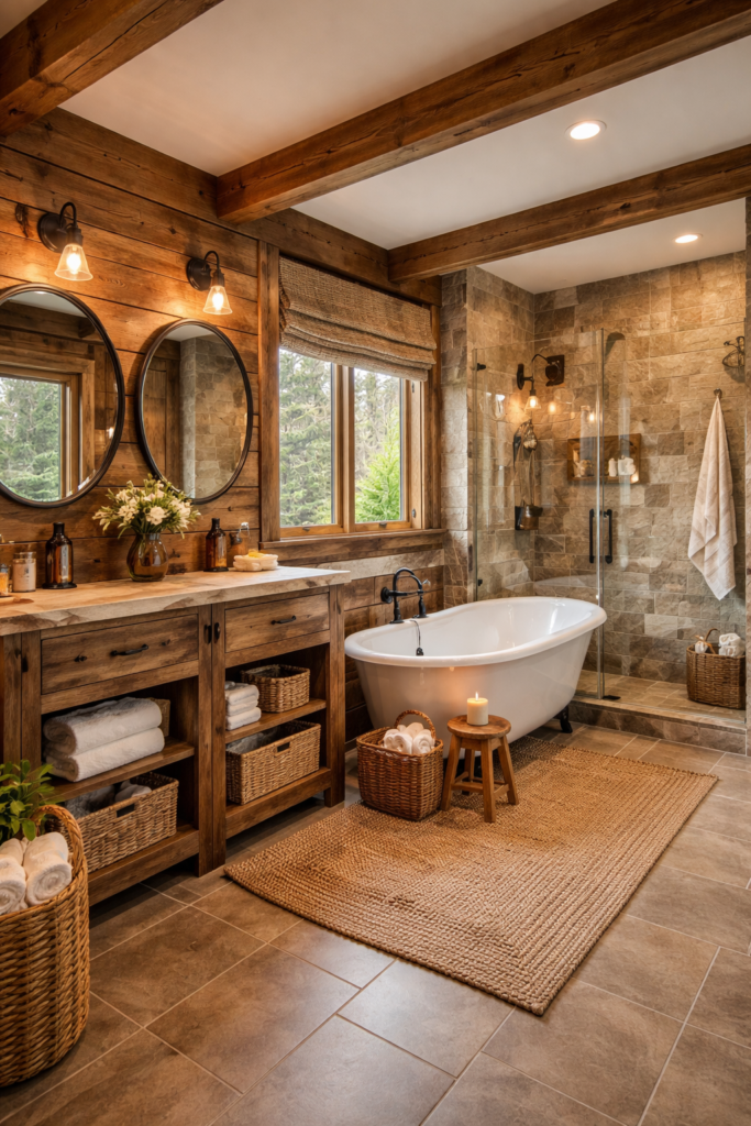 Rustic American bathroom with wooden vanity, clawfoot bathtub, stone tiles, and warm lighting