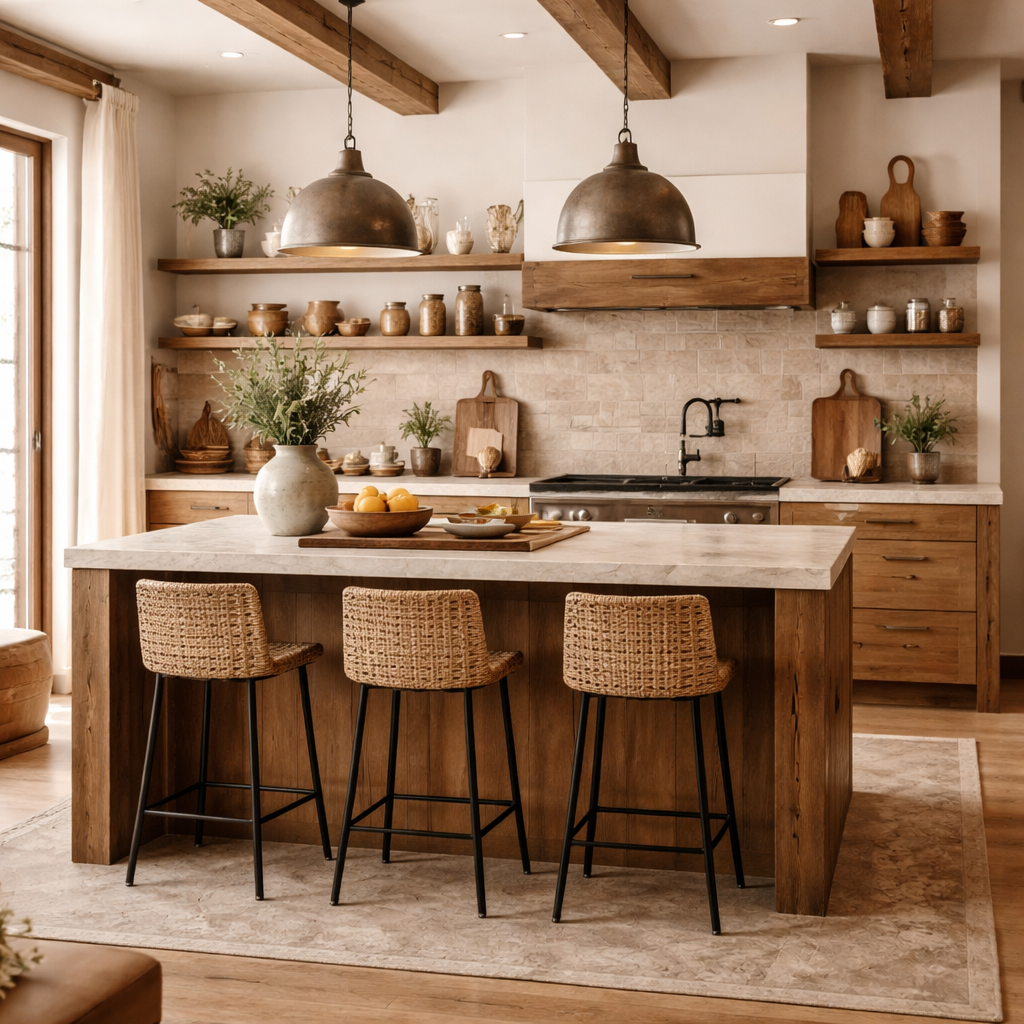 Rustic modern kitchen with wooden beams, stone countertops, open shelves, and woven bar stools around a large island.